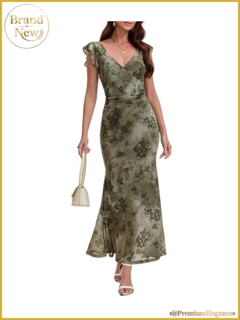 Sleeveless V Neck Floral Mesh Ruched Mermaid Maxi Wedding Guest Dress